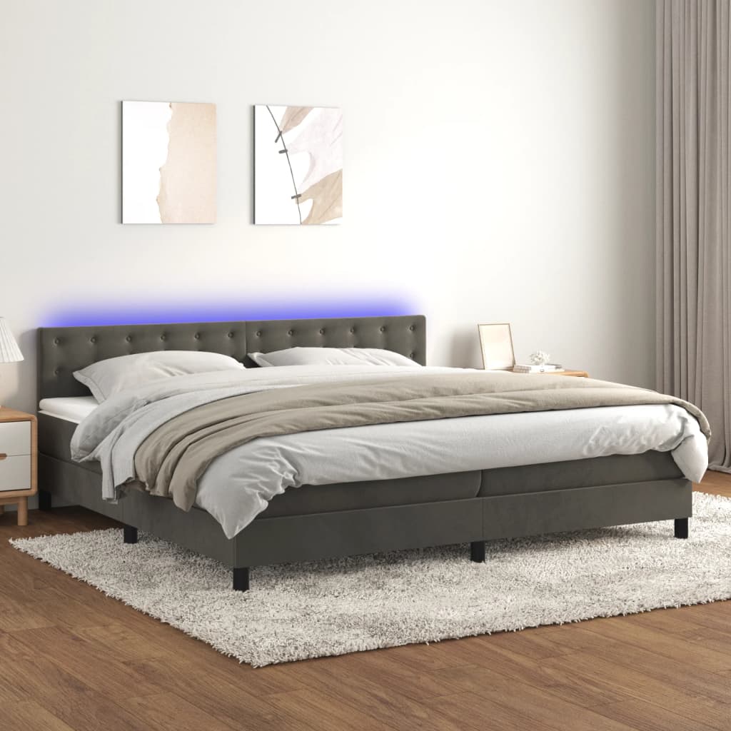 vidaXL Cama box spring colchón y LED terciopelo gris oscuro 200x200 cm