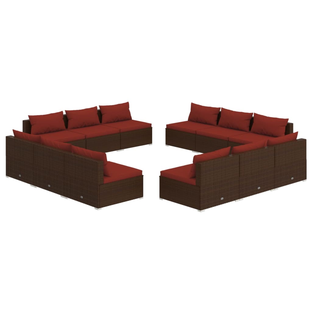 vidaXL Set muebles de jardín y cojines 12 pzas ratán sintético marrón