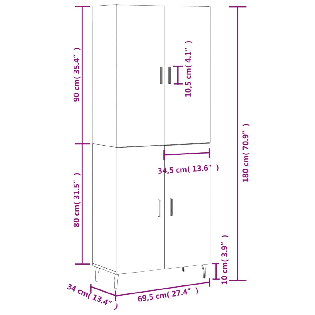 vidaXL Aparador alto madera contrachapada gris sonoma 69,5x34x180 cm