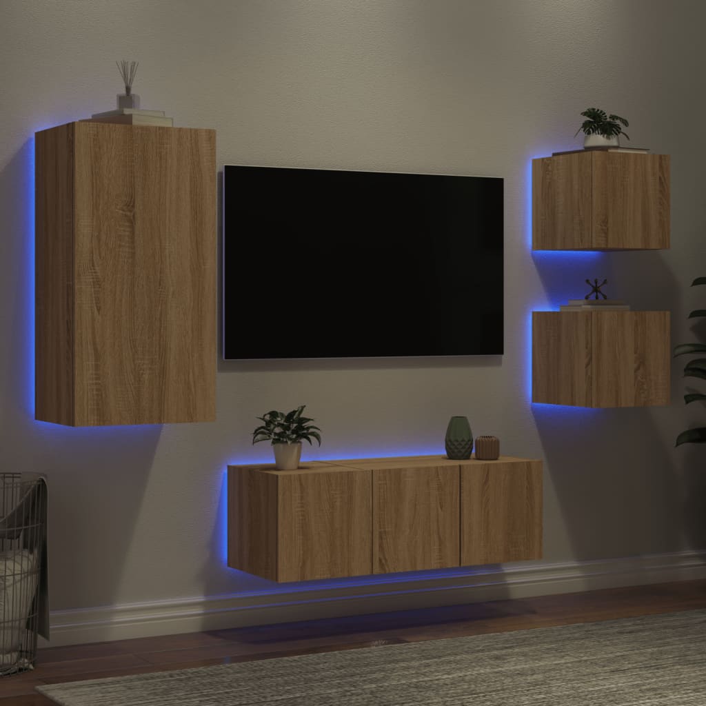 vidaXL Muebles TV pared con LED 5 pzas madera ingeniería roble Sonoma