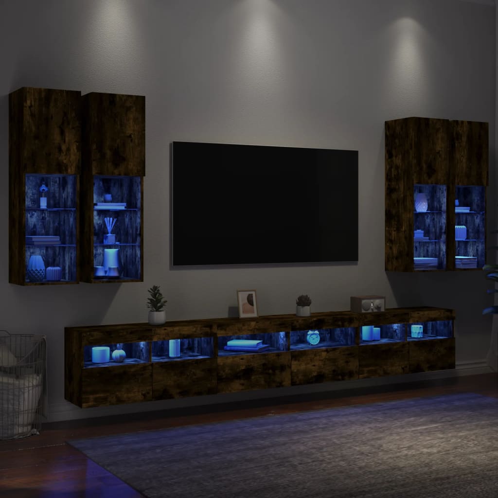 vidaXL Muebles de TV de pared con luces LED 7 piezas roble ahumado