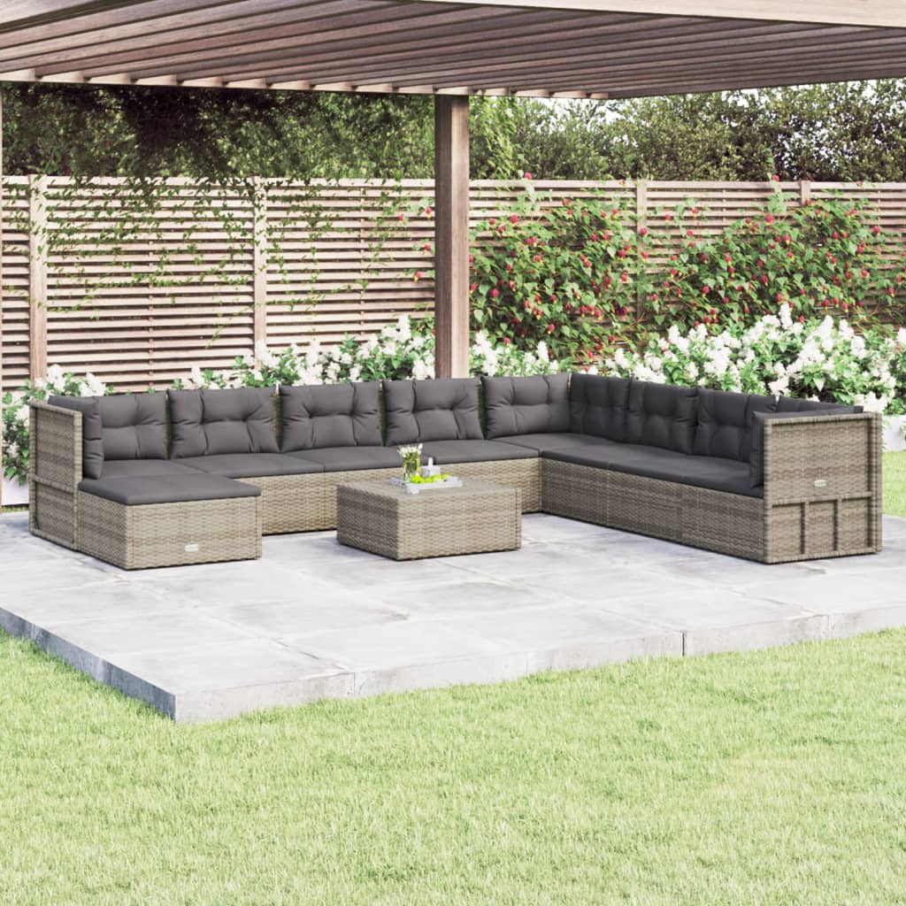 vidaXL Set de muebles de jardín 9 pzas y cojines ratán sintético gris