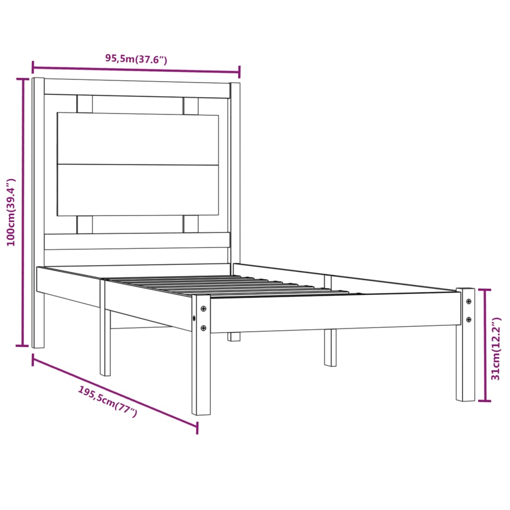 vidaXL Estructura de cama individual madera maciza negra 90x190 cm