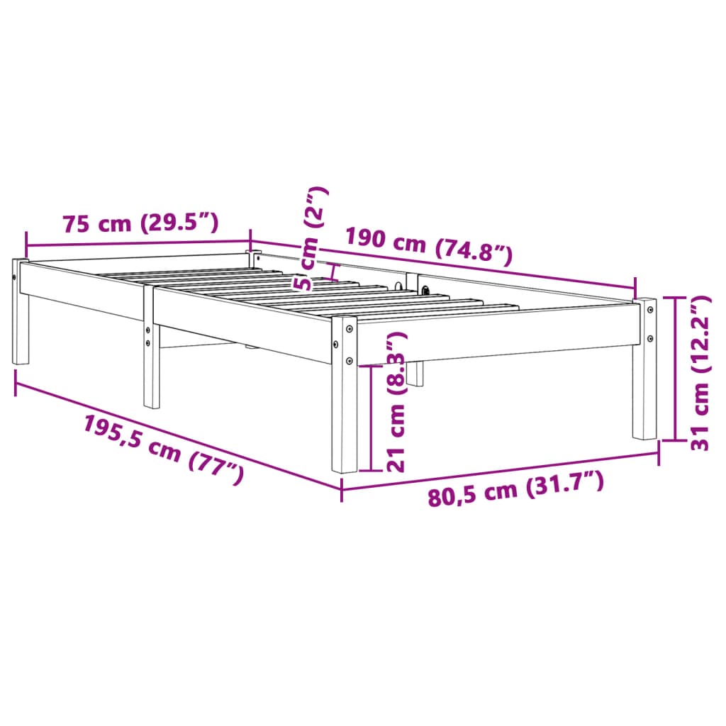 vidaXL Estructura de cama sin colchón madera maciza marrón 75x190 cm