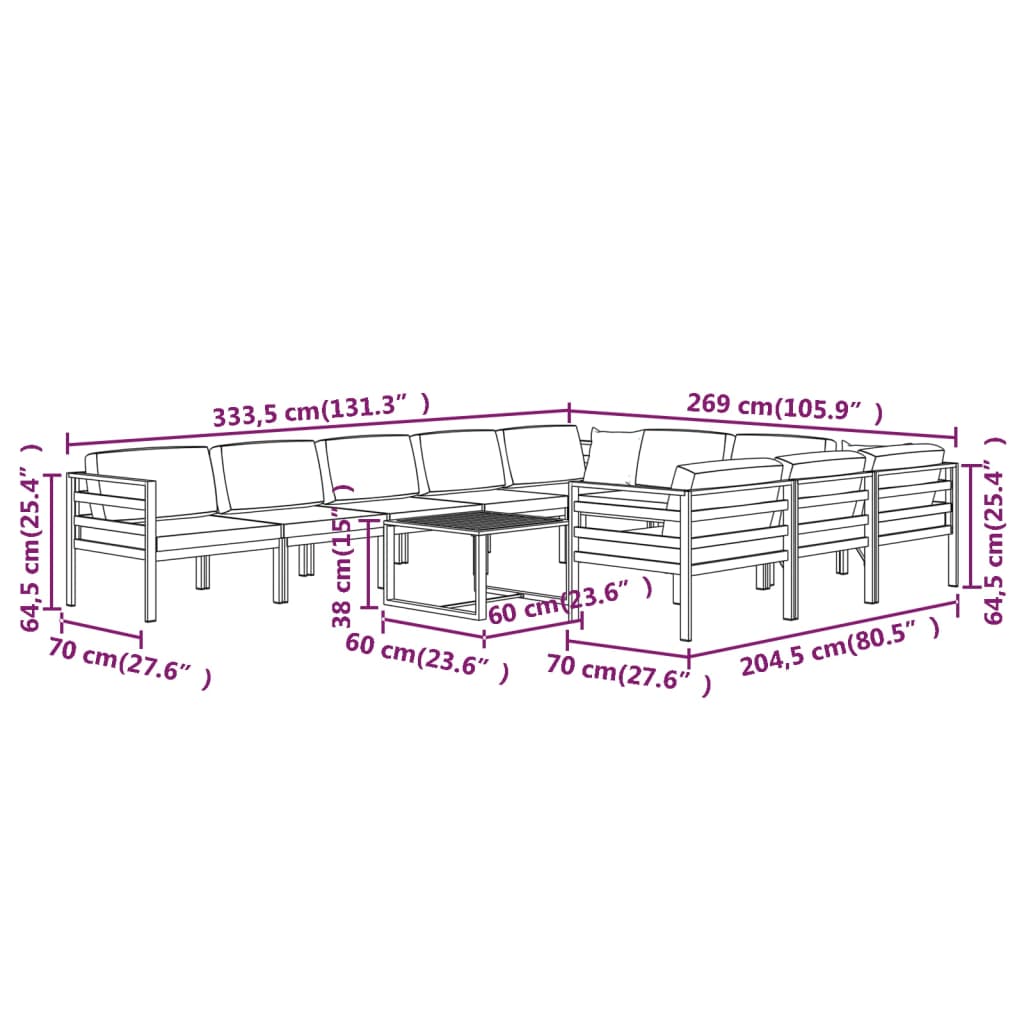 vidaXL Set muebles de jardín 11 pzas y cojines aluminio gris antracita