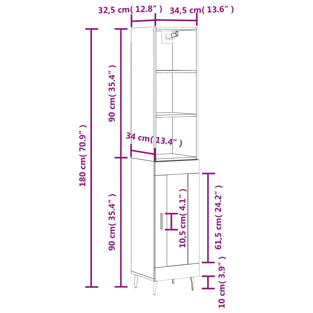 vidaXL Aparador de madera contrachapada roble Sonoma 34,5x34x180 cm