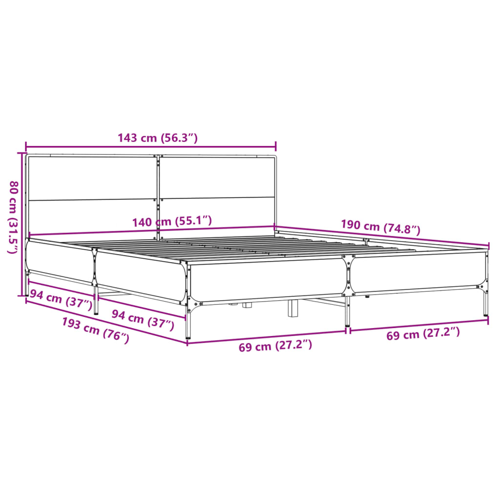 vidaXL Estructura cama madera ingeniería metal roble ahumado 140x190cm