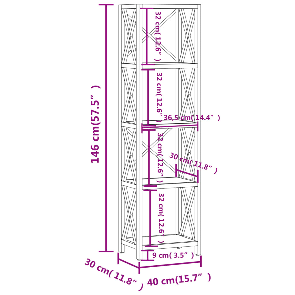 vidaXL Estantería de 5 niveles madera maciza de roble 40x30x146 cm