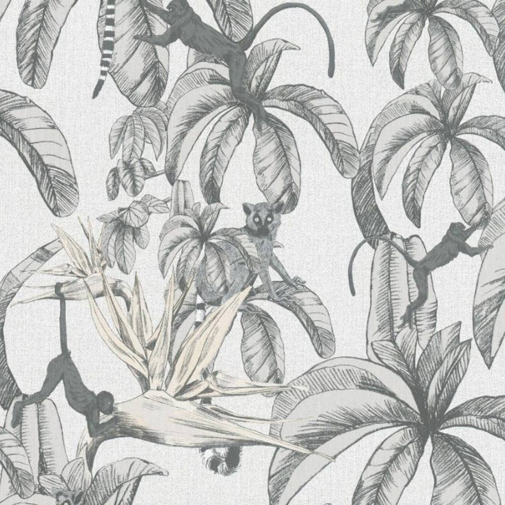 Noordwand Papel de pared Topchic Monkey Jungle Leaves gris y negro