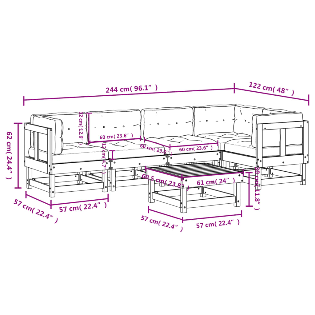 vidaXL Juego de muebles de jardín 6 pzas y cojines madera maciza negro