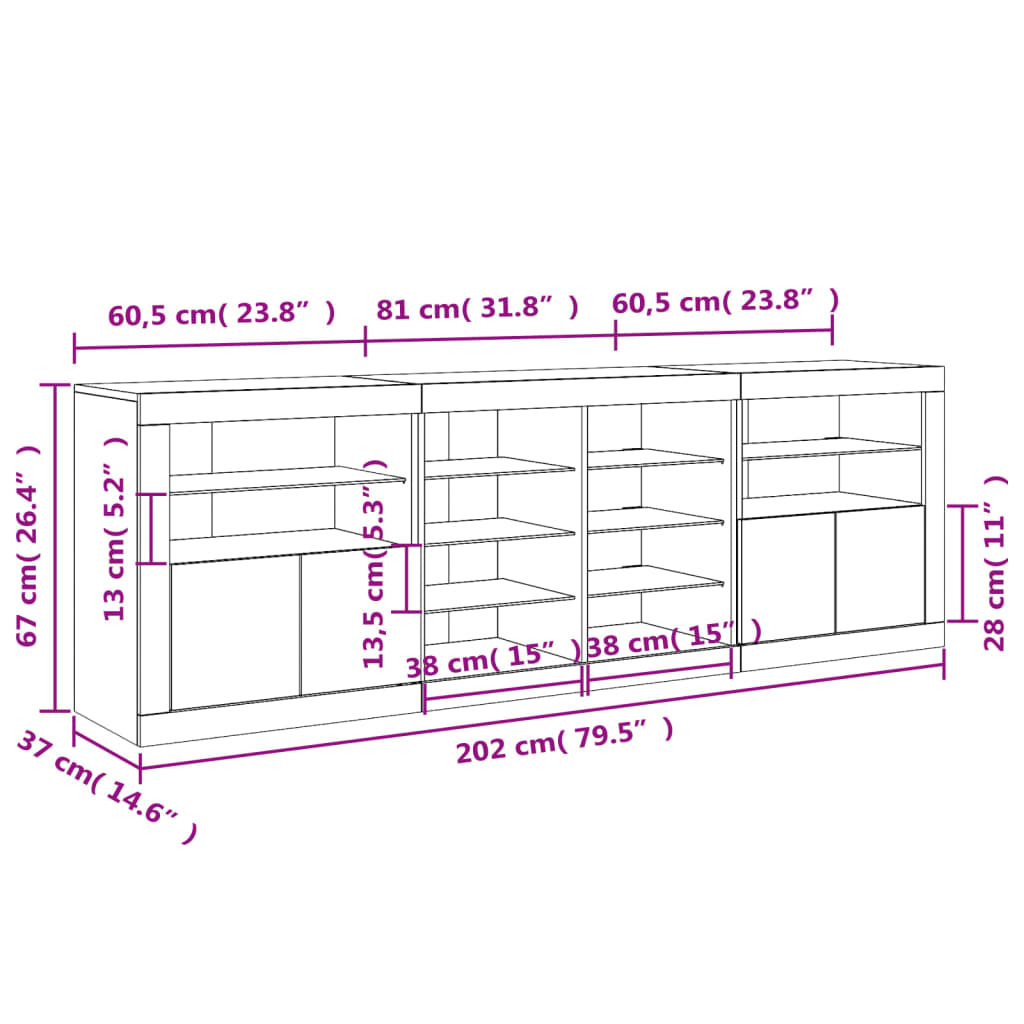 vidaXL Aparador con luces LED blanco 202x37x67 cm