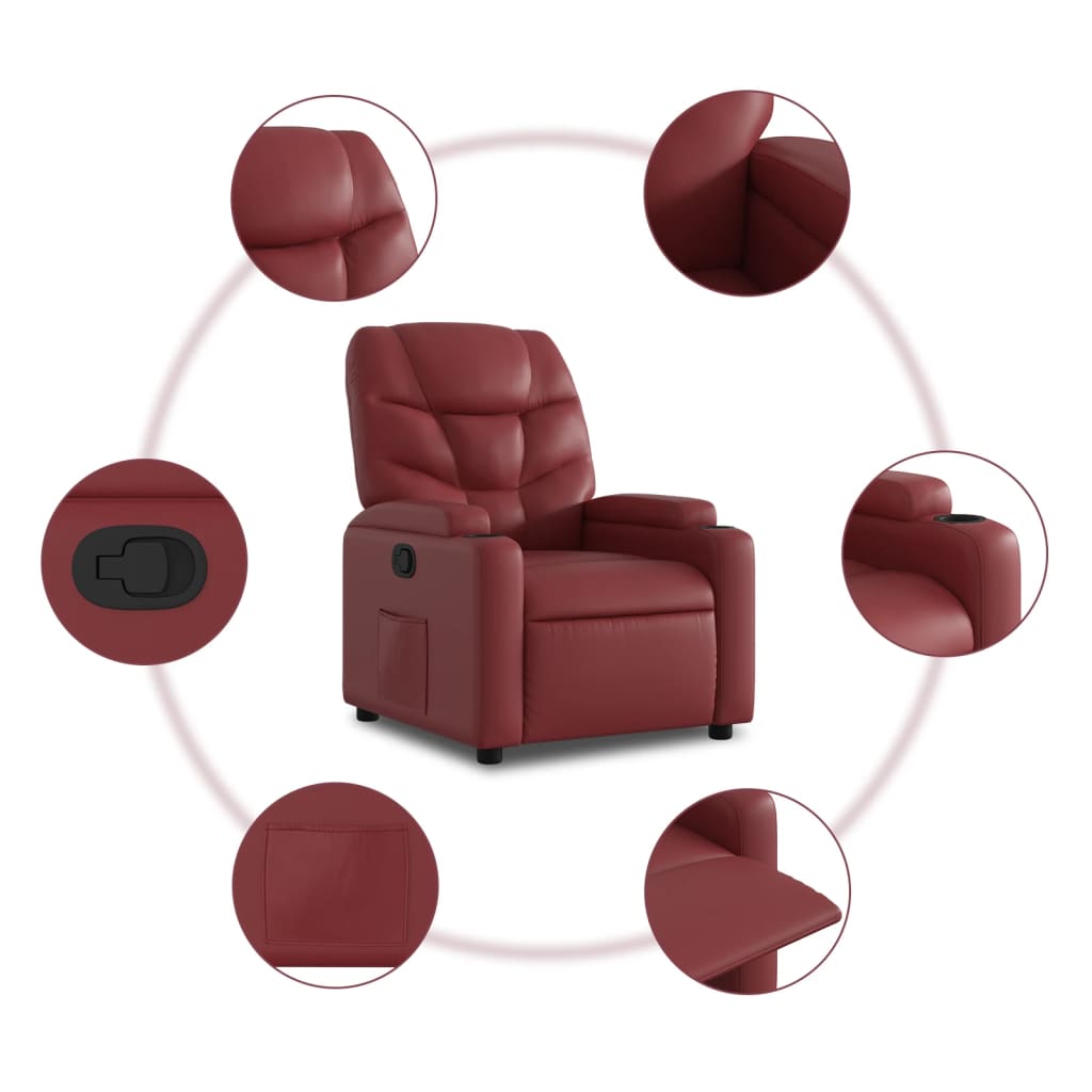 vidaXL Sillón reclinable elevable cuero artificial rojo tinto