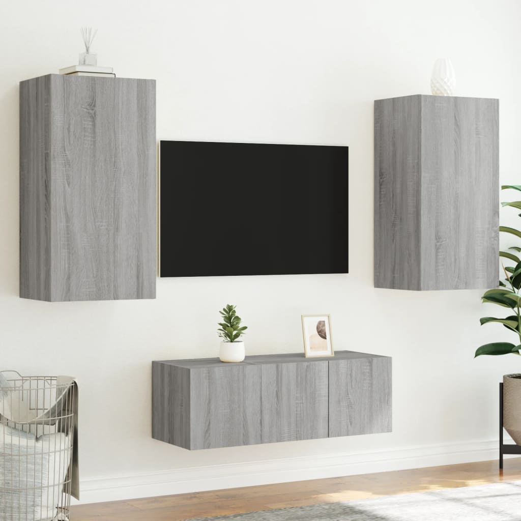 vidaXL Muebles TV pared con LED 4 pzas madera ingeniería gris Sonoma