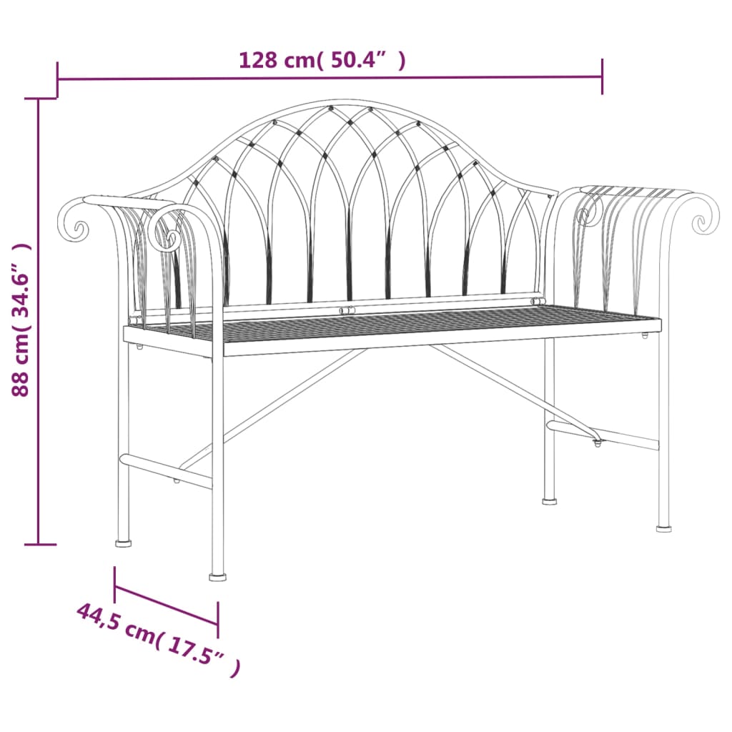 vidaXL Banco de jardín de dos plazas 128 cm acero negro