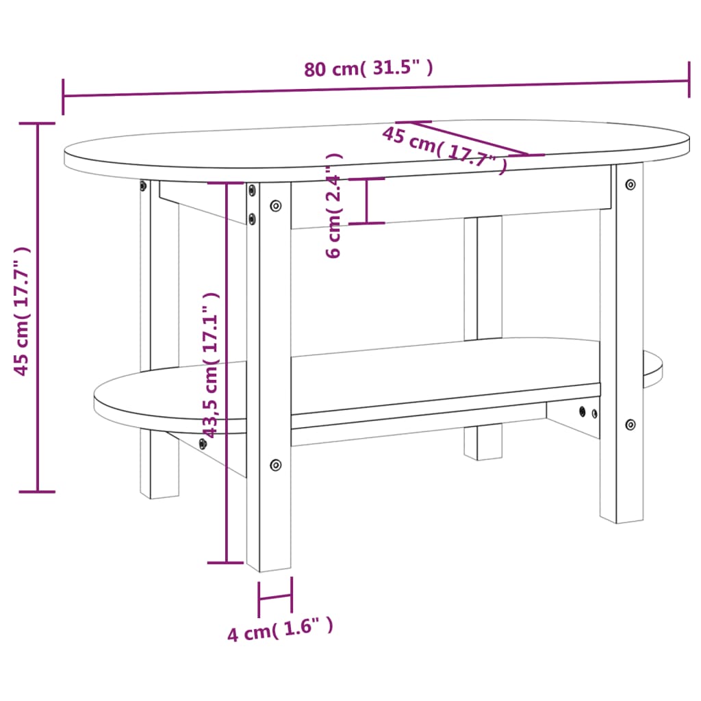 vidaXL Mesa de centro de madera maciza de pino 80x45x45 cm