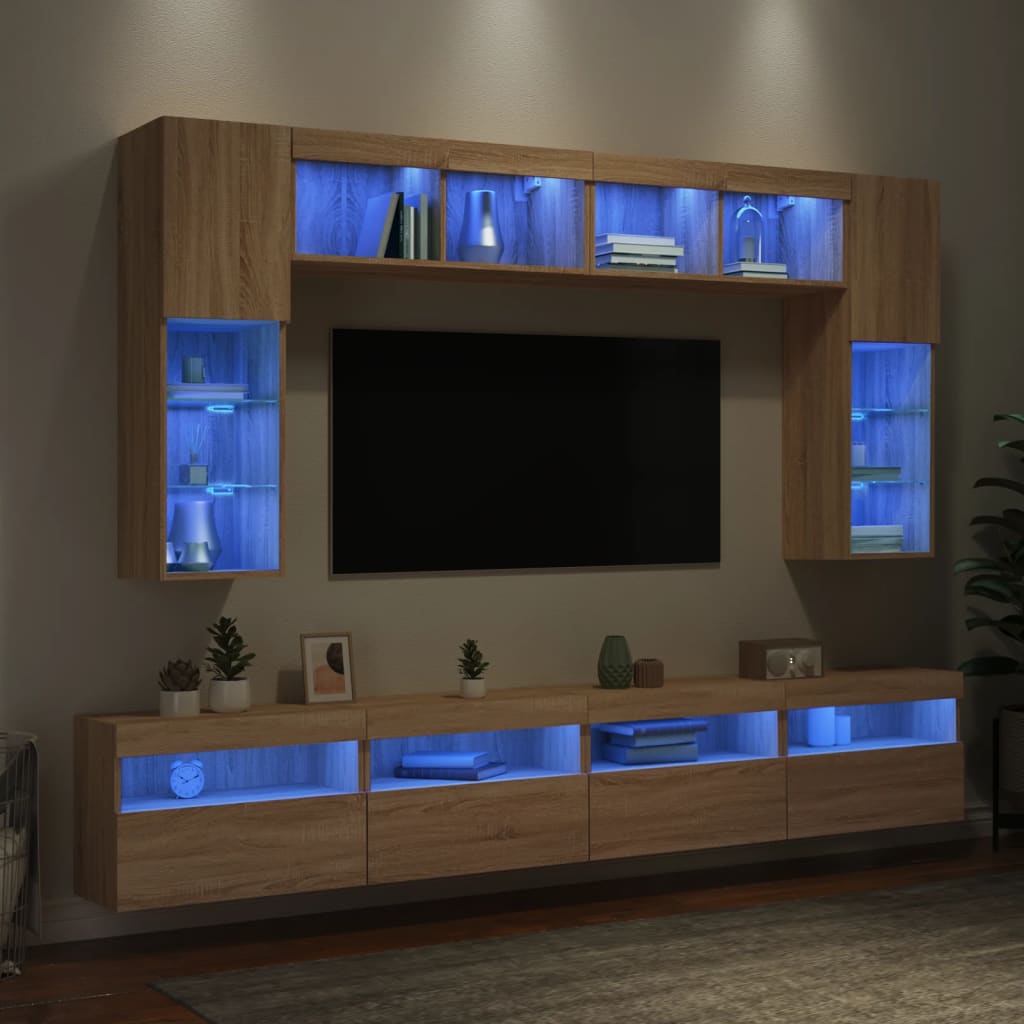 vidaXL Muebles de TV de pared con luces LED 8 piezas roble sonoma