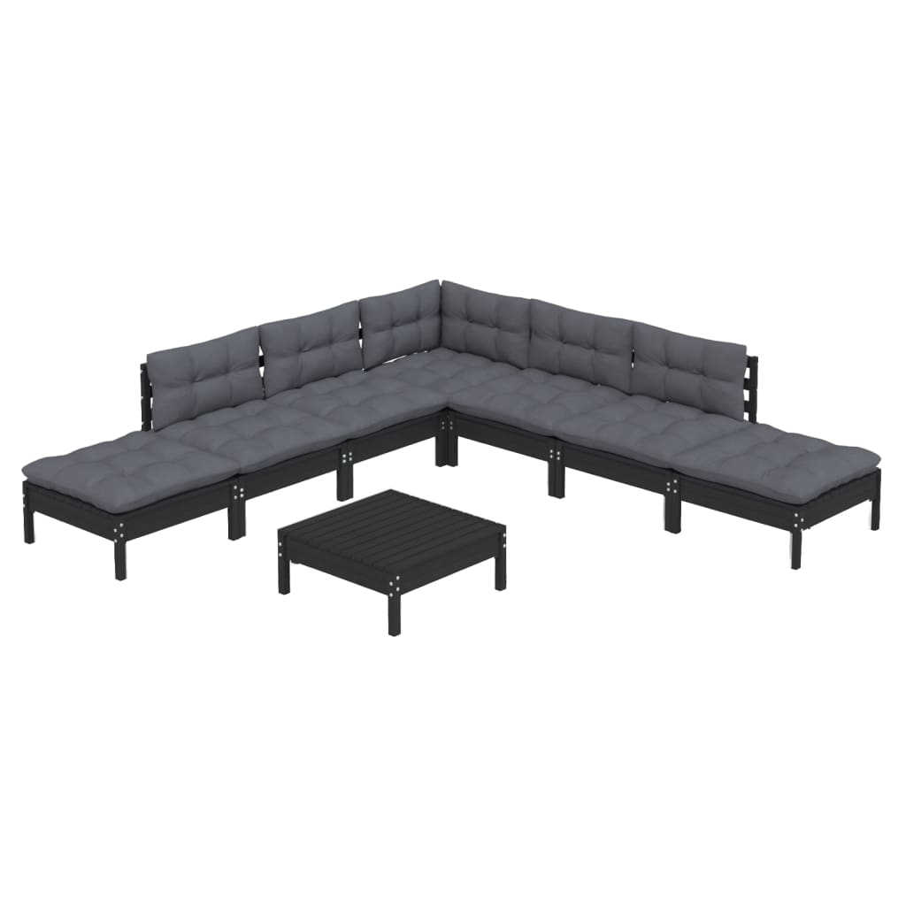 vidaXL Muebles de jardín 8 pzas con cojines negro madera de pino