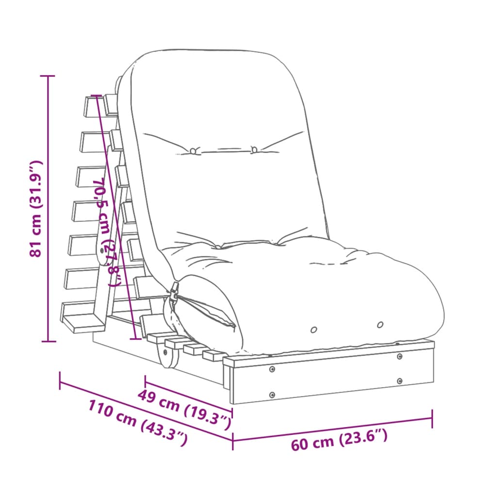 vidaXL Futón sofá cama con colchón madera maciza marrón 60x206x11 cm