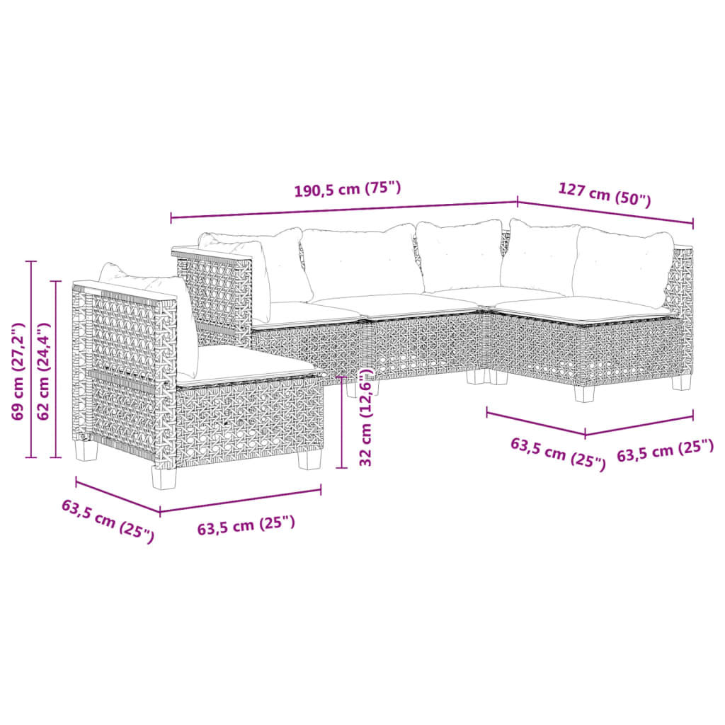 vidaXL Set de muebles de jardín 5 pzas y cojines ratán sintético negro