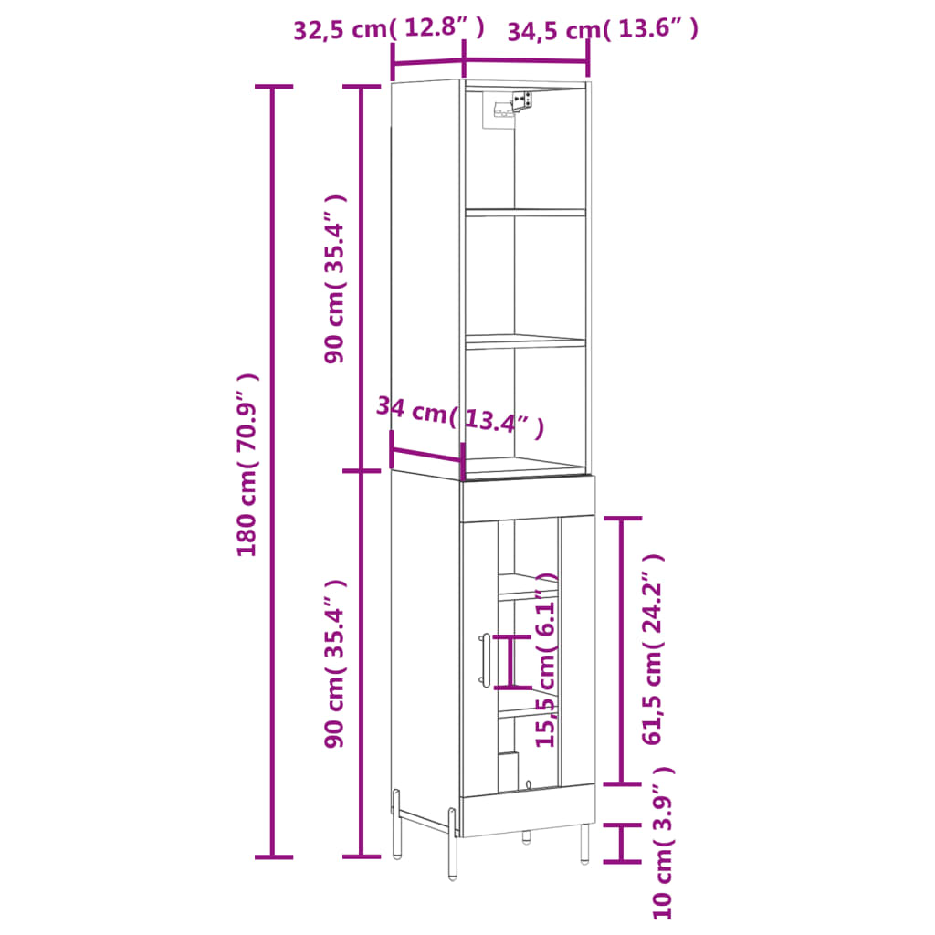 vidaXL Aparador alto madera contrachapada blanco brillo 34,5x34x180 cm