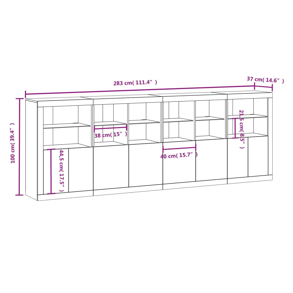 vidaXL Aparador con luces LED gris Sonoma 283x37x100 cm