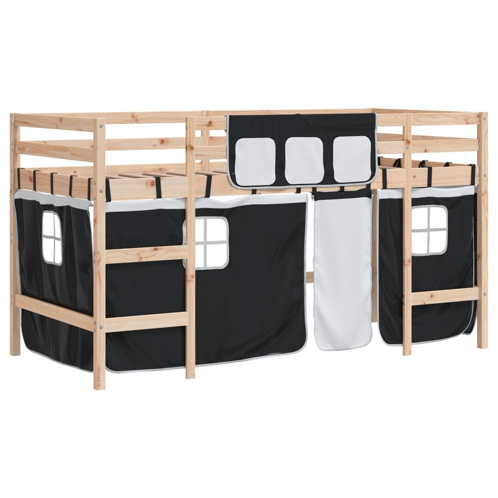 vidaXL Cama alta niños con cortinas madera pino blanco negro 80x200 cm