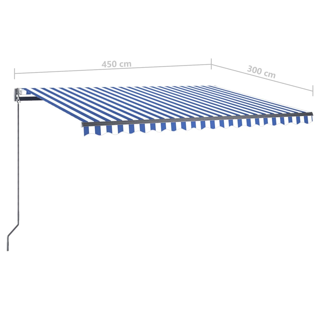 vidaXL Toldo automático LED sensor de viento azul y blanco 450x300 cm