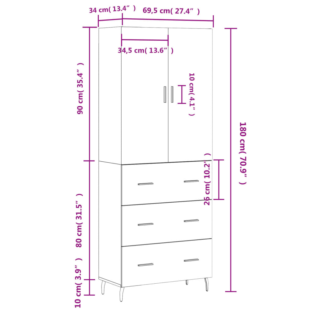 vidaXL Aparador alto madera contrachapada color roble 69,5x34x180 cm