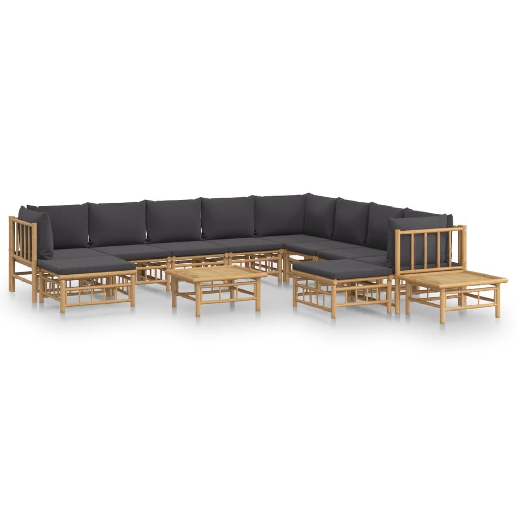 vidaXL Set de muebles de jardín 12 pzas bambú con cojines gris oscuro