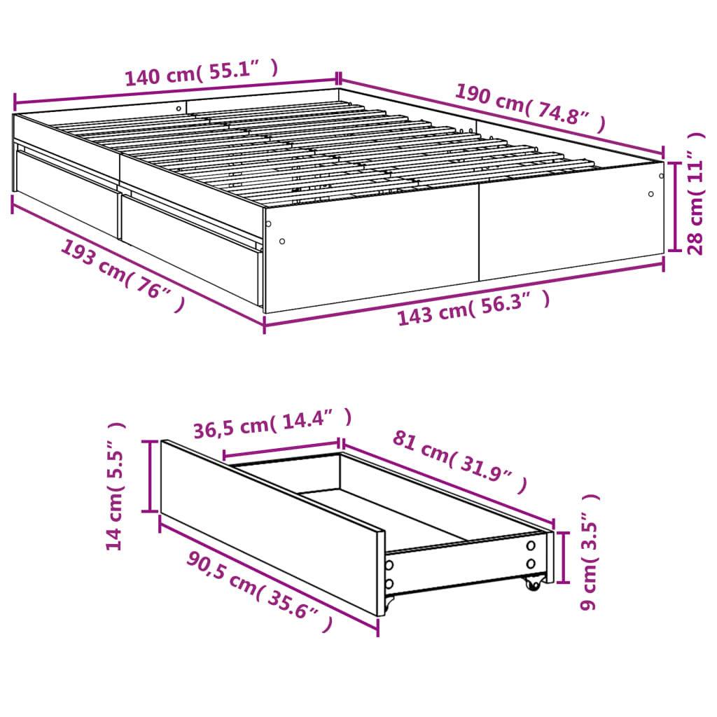 vidaXL Cama con cajones madera de ingeniería roble ahumado 140x190 cm