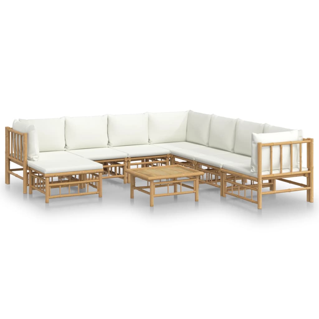 vidaXL Set de muebles de jardín 9 piezas bambú y cojines blanco crema