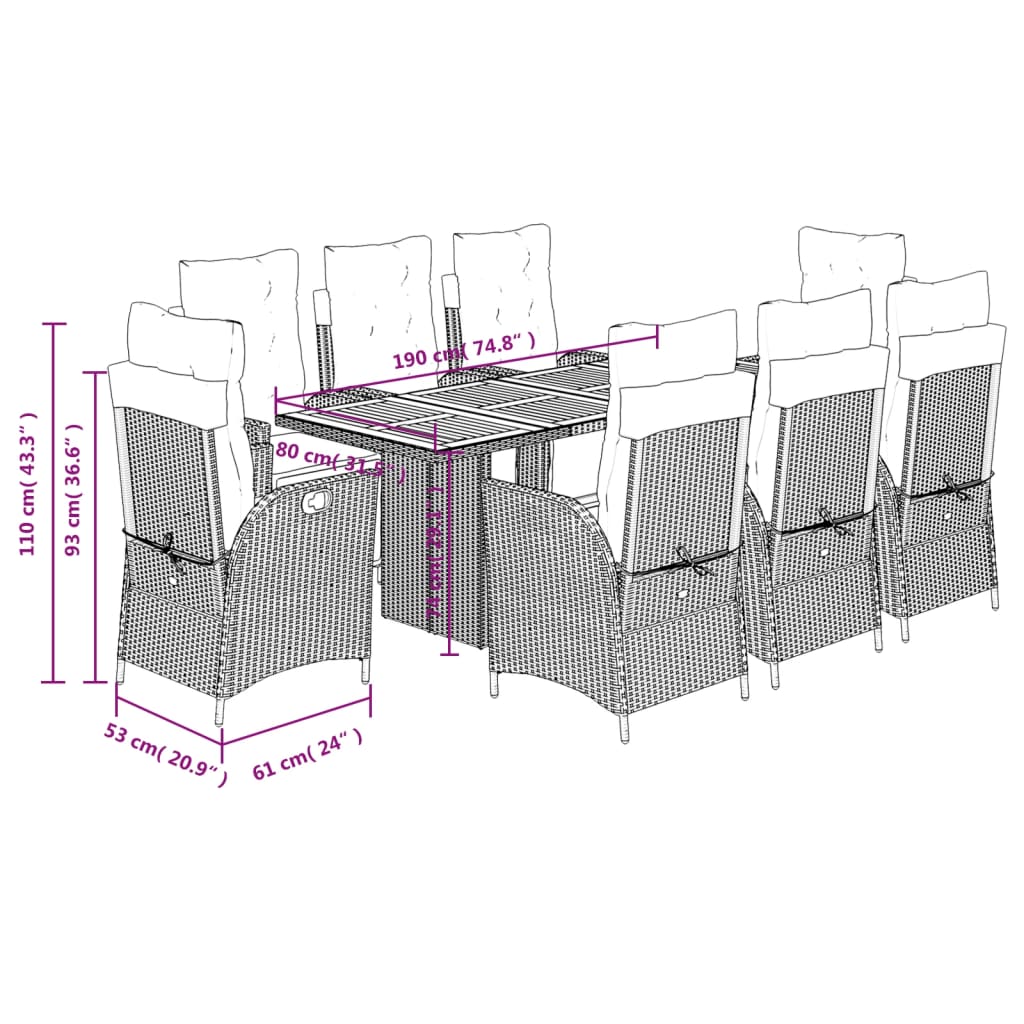 vidaXL Set de comedor de jardín 9 pzas y cojines ratán sintético negro