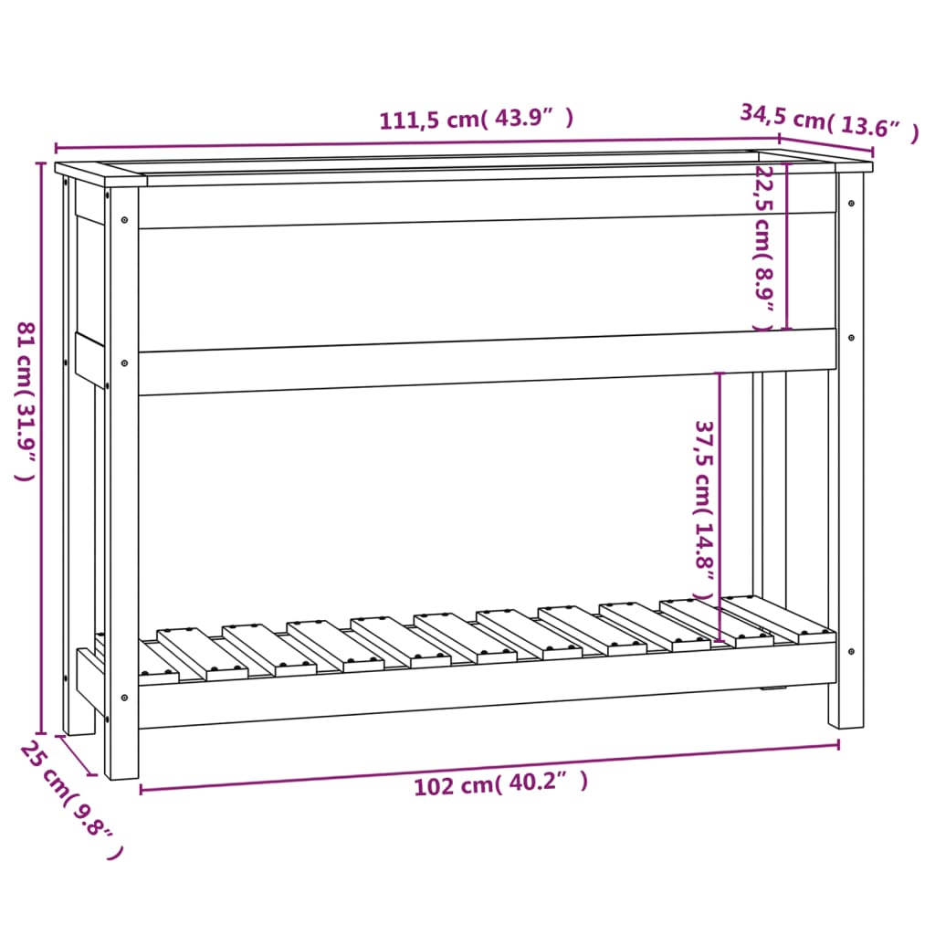 vidaXL Jardinera con estante madera maciza pino negro 111,5x34,5x81 cm