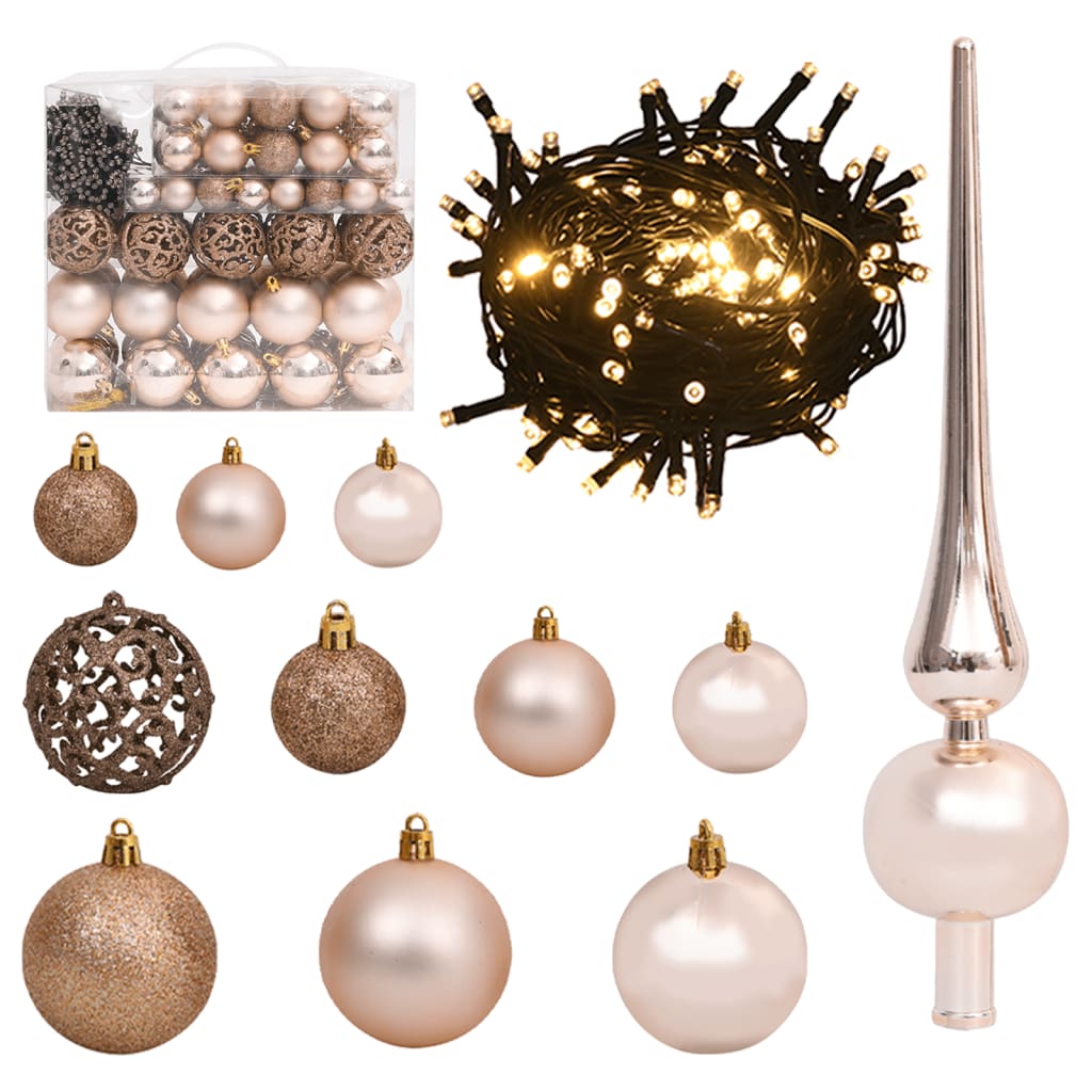 vidaXL Set de bolas de Navidad 120 pzas con pico 300 LED oro rosa