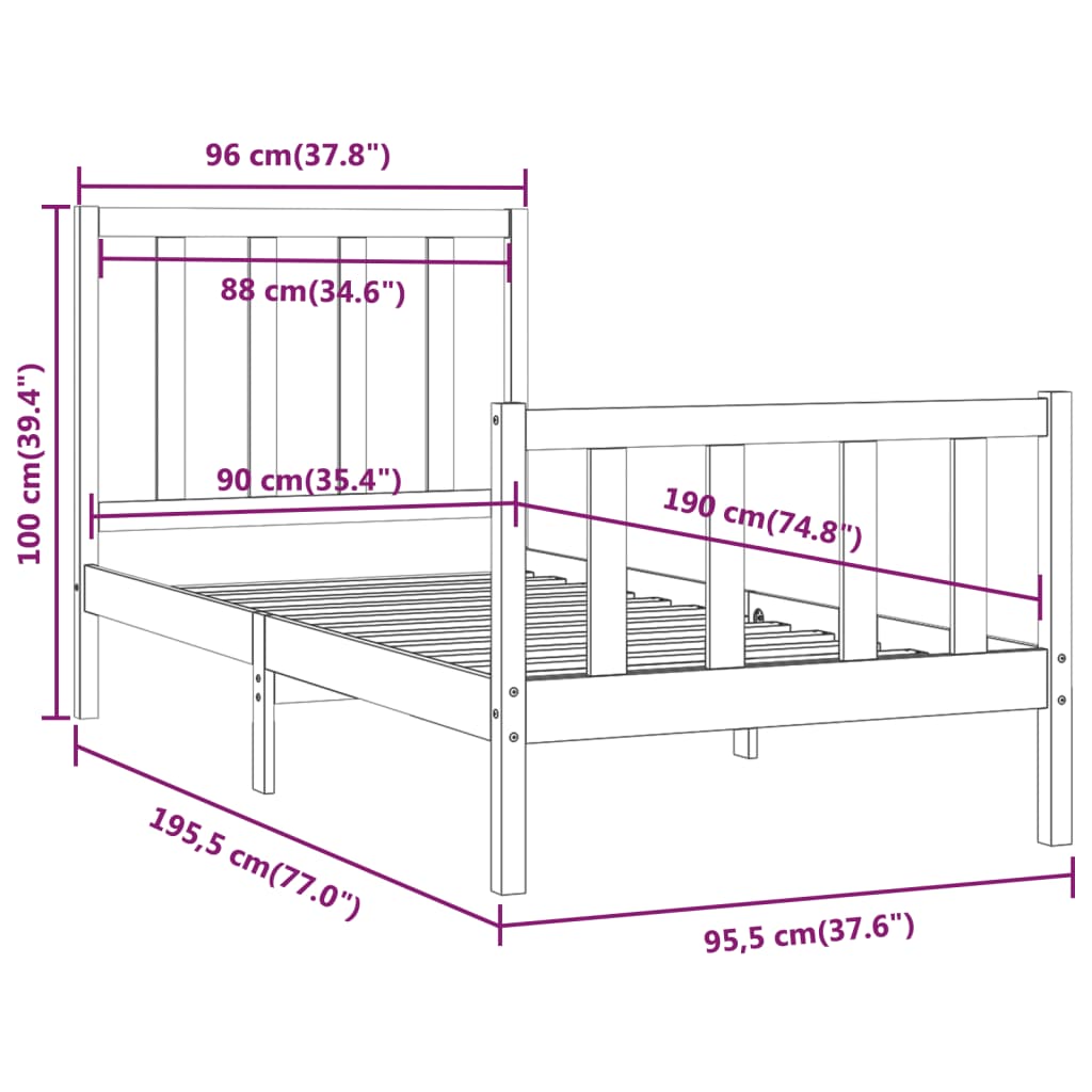 vidaXL Estructura de cama individual madera maciza negra 90x190 cm