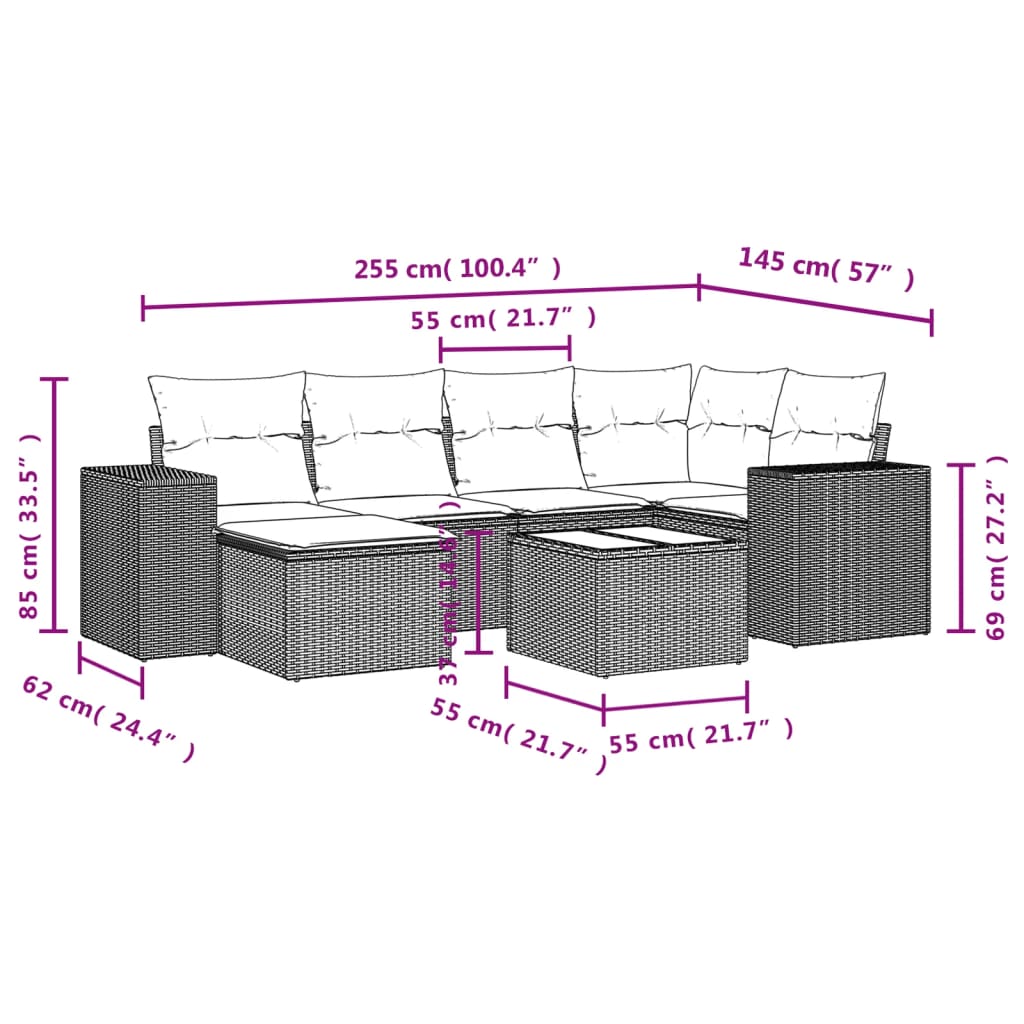 vidaXL Set de sofás de jardín 7 piezas con cojines ratán PE gris