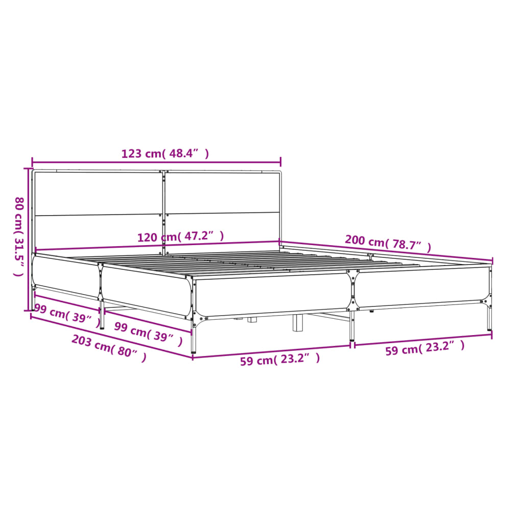 vidaXL Estructura cama madera ingeniería metal marrón roble 120x200 cm