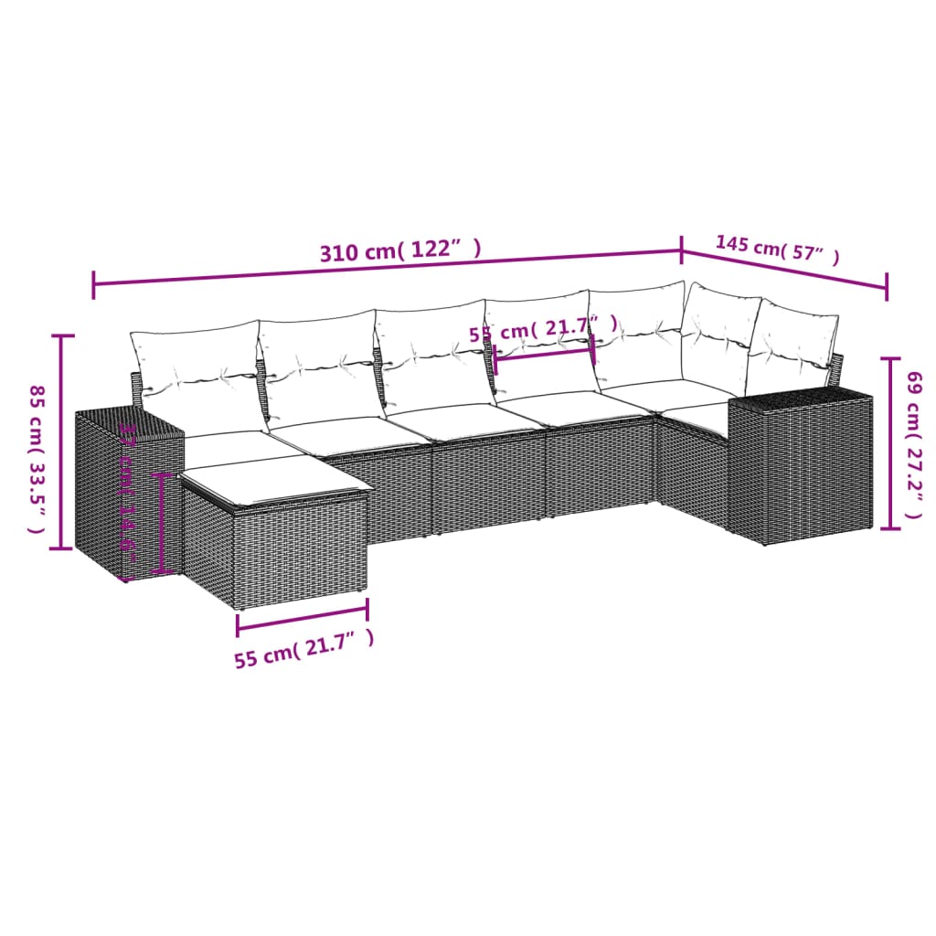 vidaXL Set de sofás de jardín 7 piezas con cojines ratán PE gris