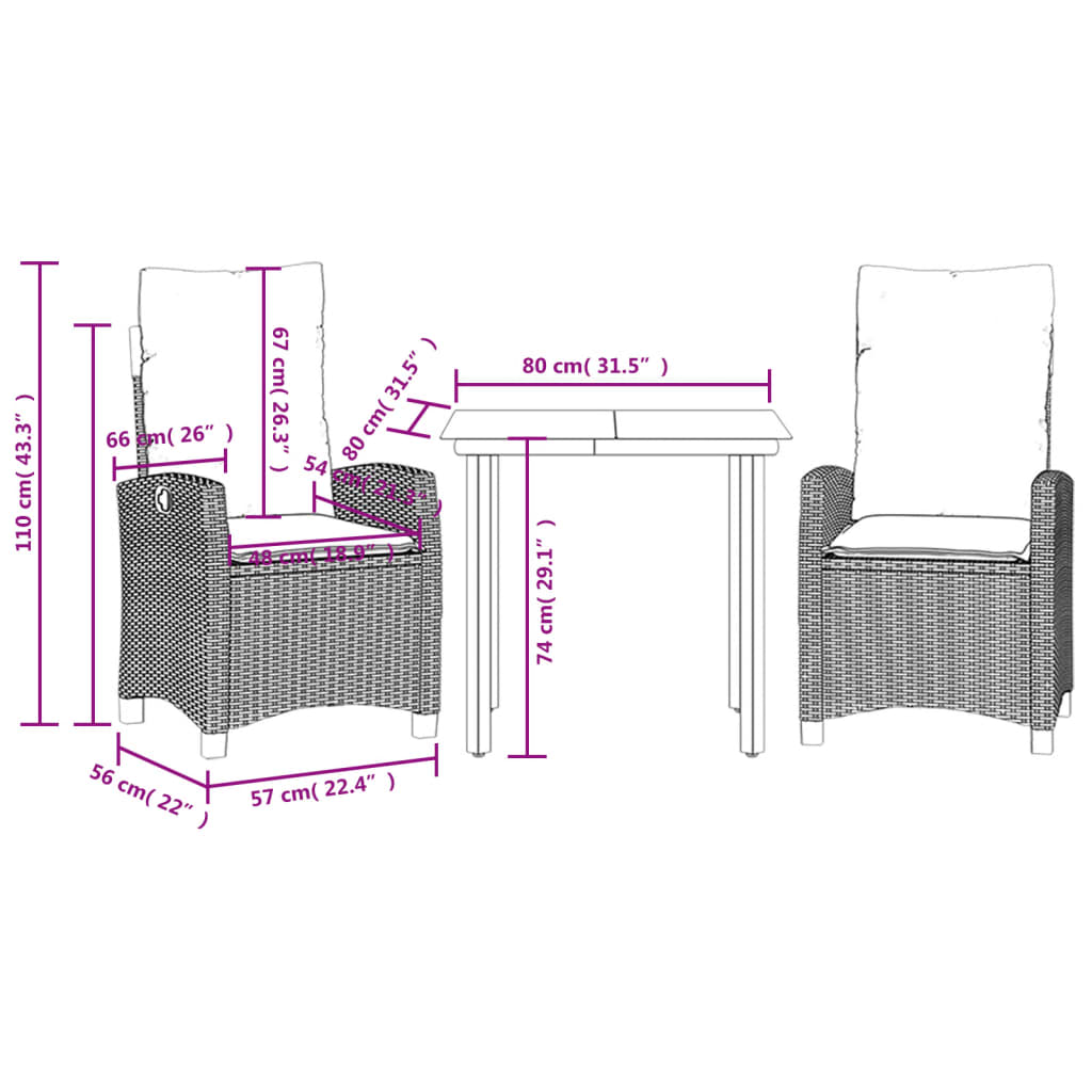 vidaXL Set comedor de jardín 3 pzas con cojines ratán sintético beige