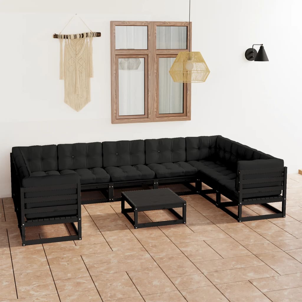 vidaXL Muebles de jardín 10 pzas y cojines negro madera maciza de pino