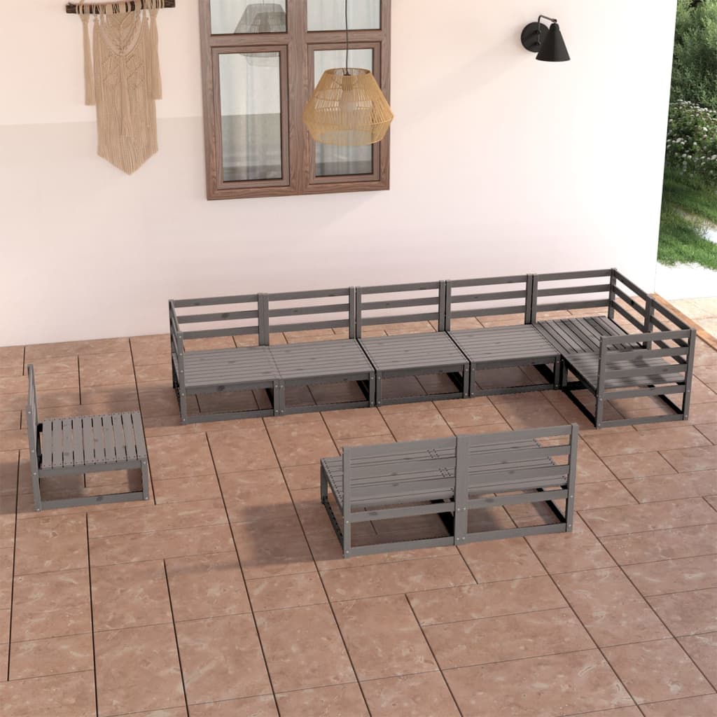 vidaXL Juego de muebles de jardín 9 piezas gris madera maciza de pino