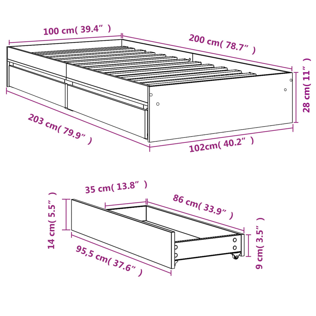 vidaXL Cama con cajones madera ingeniería gris Sonoma 100x200 cm