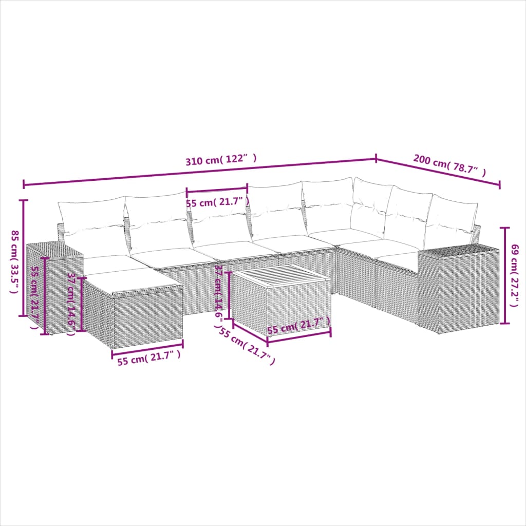 vidaXL Set de muebles de jardín 9 pzas y cojines ratán sintético gris