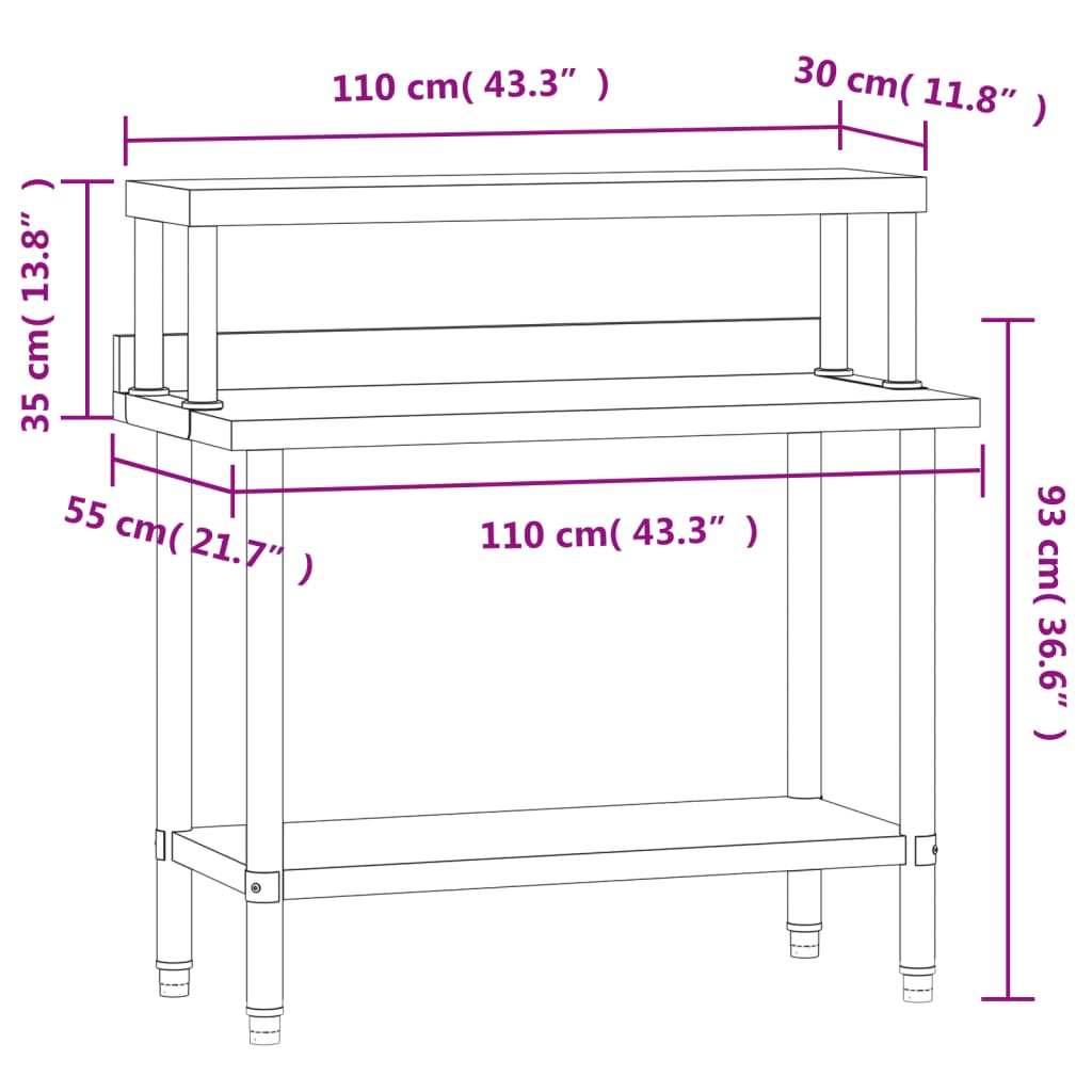 vidaXL Mesa de trabajo para cocina con estante acero inox 110x55x120cm