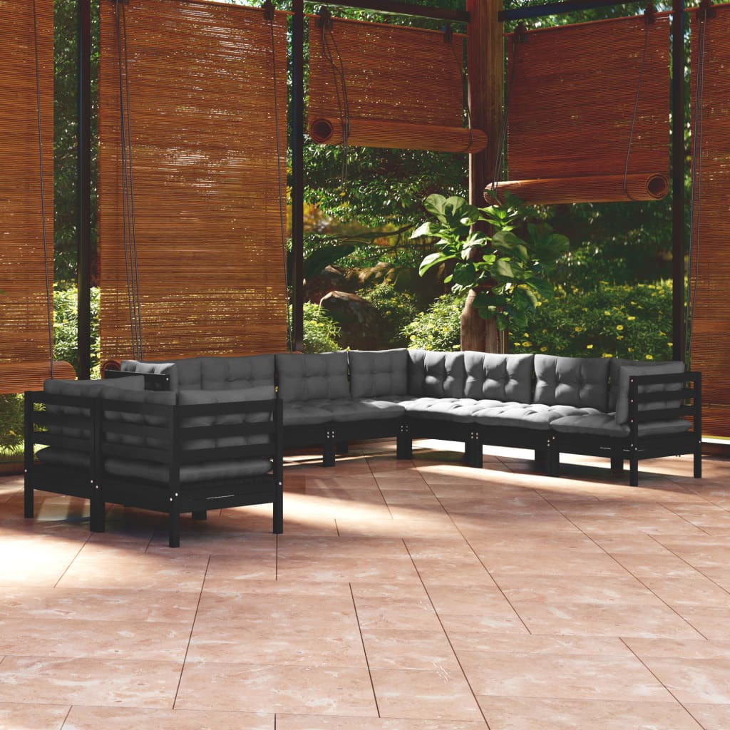 vidaXL Muebles de jardín 9 pzas y cojines negro madera maciza de pino