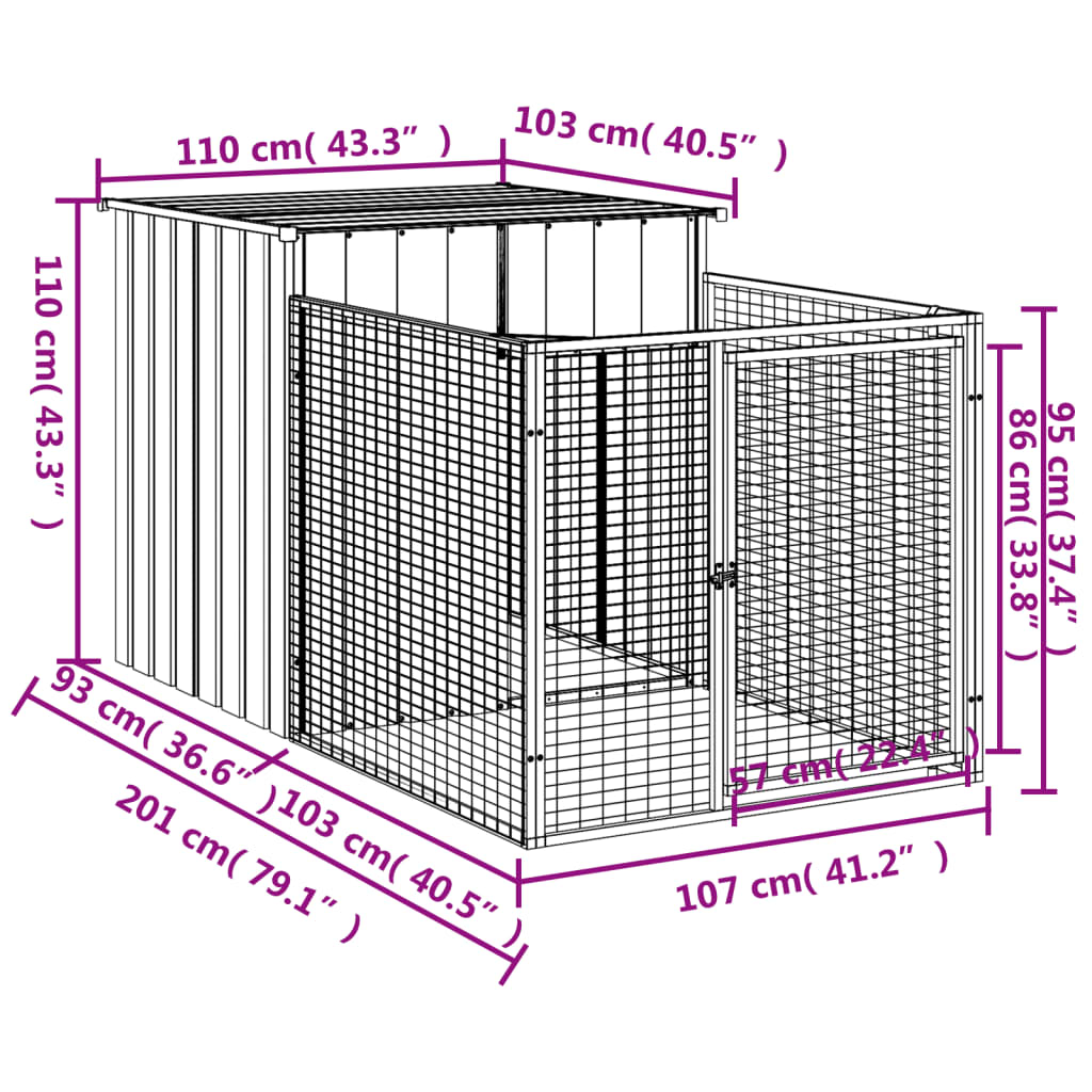 vidaXL Caseta perros con corral acero galvanizado gris 110x201x110 cm