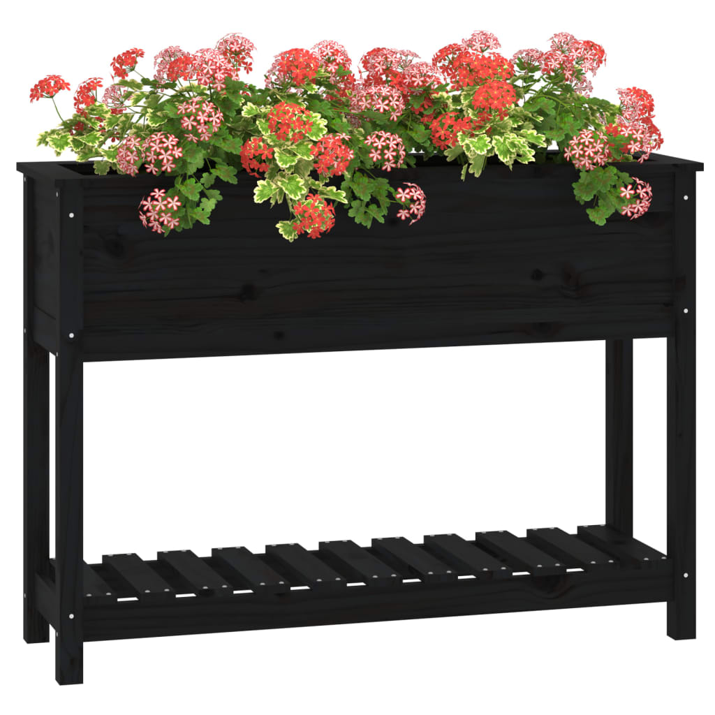 vidaXL Jardinera con estante madera maciza pino negro 111,5x34,5x81 cm