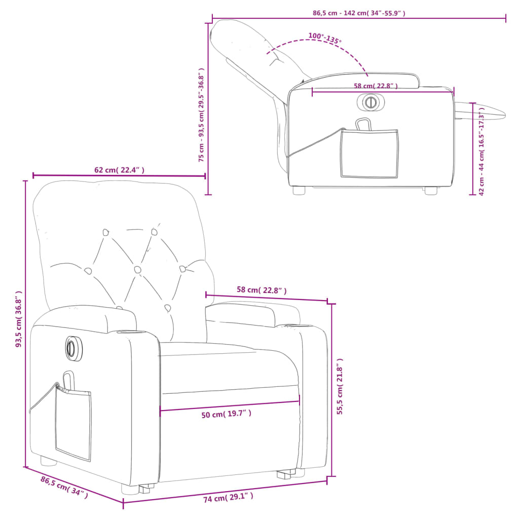 vidaXL Sillón de masaje elevable eléctrico tela rojo tinto