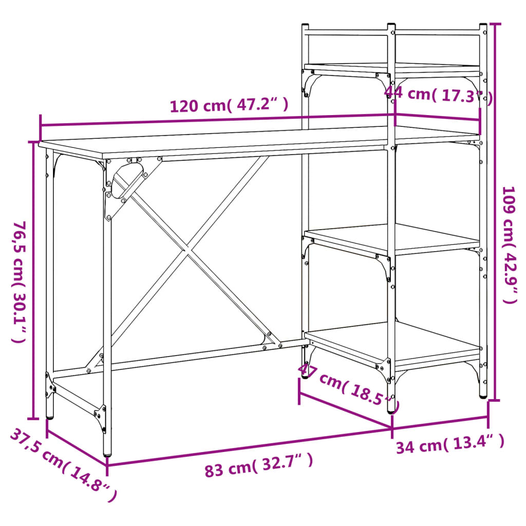 vidaXL Escritorio para ordenador con estantes negro 120x47x109 cm