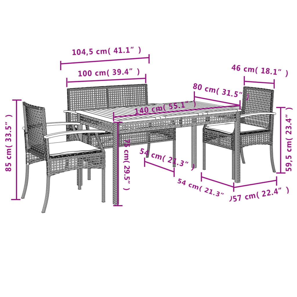 vidaXL Set comedor de jardín 3 pzas con cojines ratán sintético negro